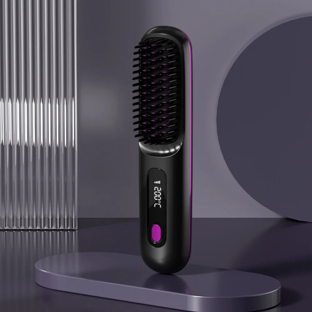 cordless heated brush standing upright on display surface for easy hair straightening