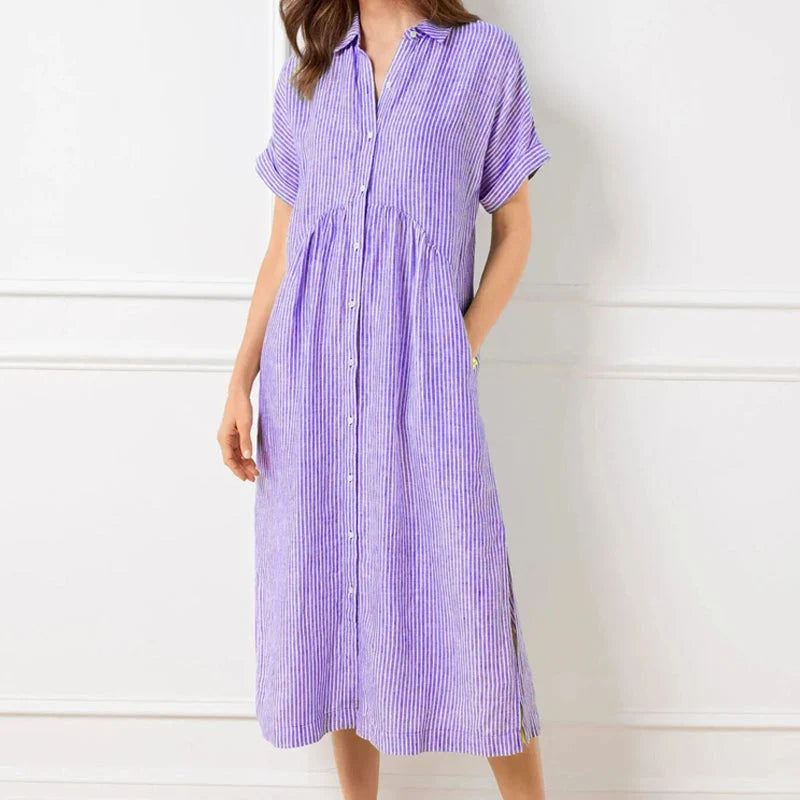 VeloraGrace – Striped Lapel Button-Down Maxi Dress