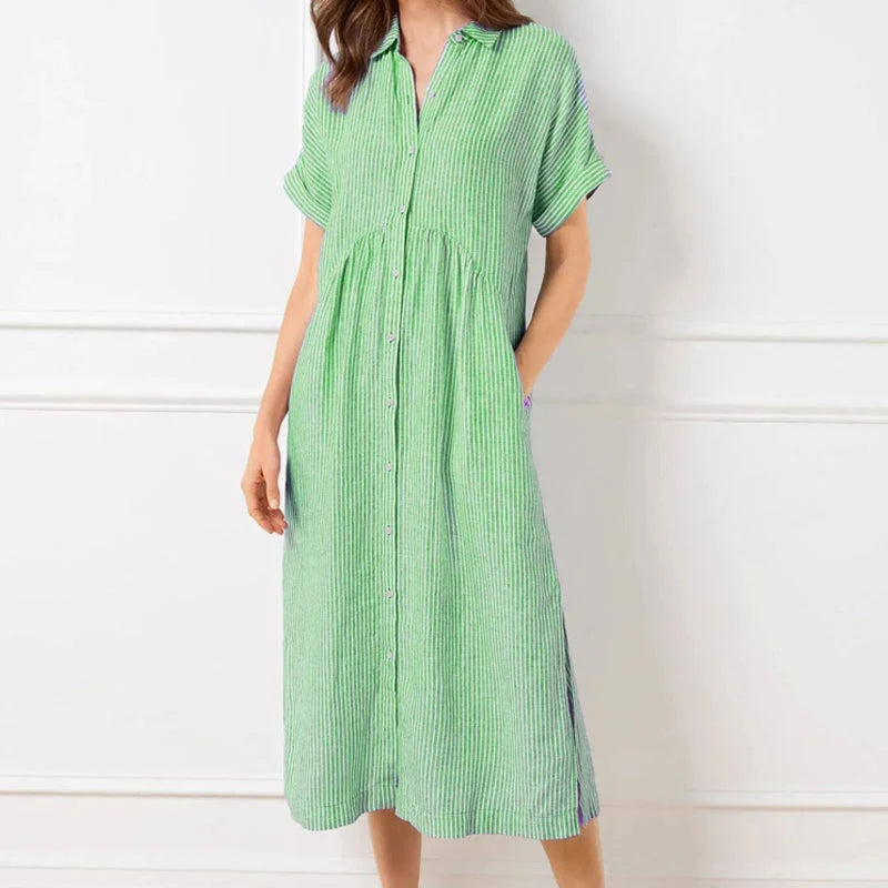 VeloraGrace – Striped Lapel Button-Down Maxi Dress