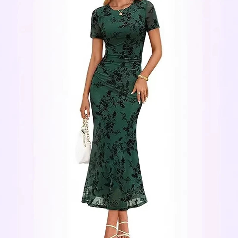 FloraLuxe – Floral Mesh Midi Dress