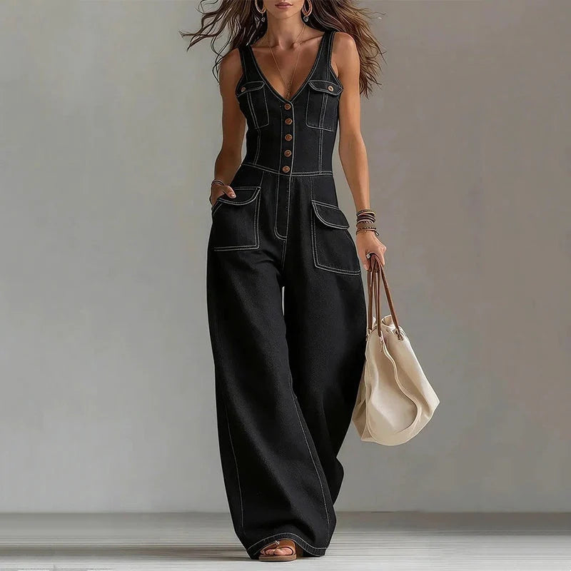 MarinaLuxe - Sleeveless Wide-Leg Denim Jumpsuit