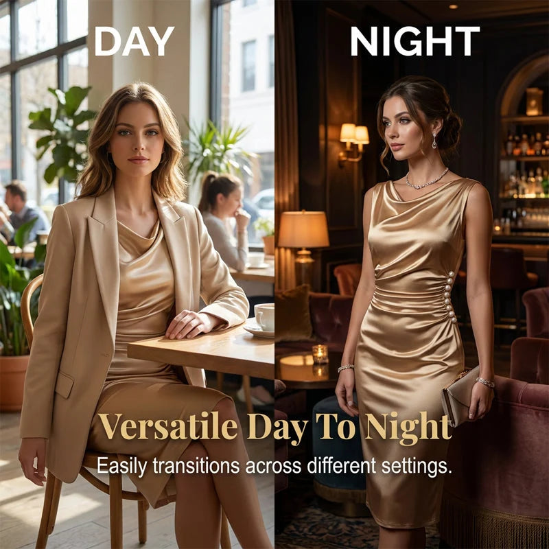 BelleAura – Elegant Sleeveless Cowl Neck Midi Dress