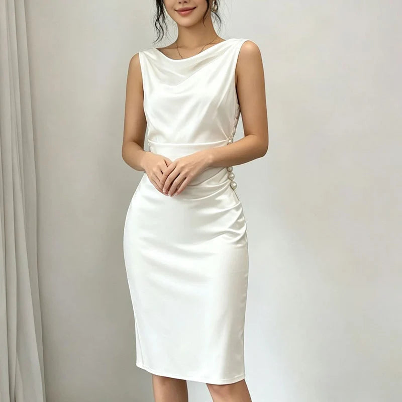 BelleAura – Elegant Sleeveless Cowl Neck Midi Dress