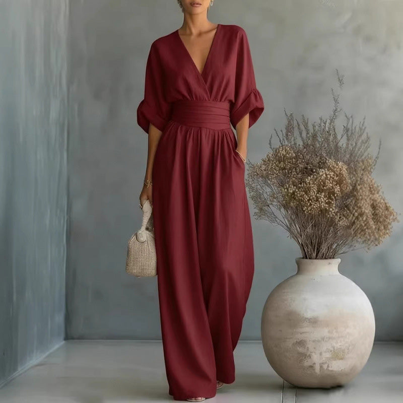 ElanVera – V-Neck High-Waisted WideLeg Jumpsuit