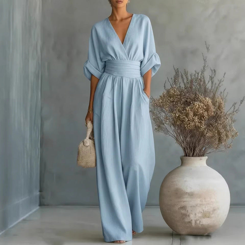 ElanVera – V-Neck High-Waisted WideLeg Jumpsuit