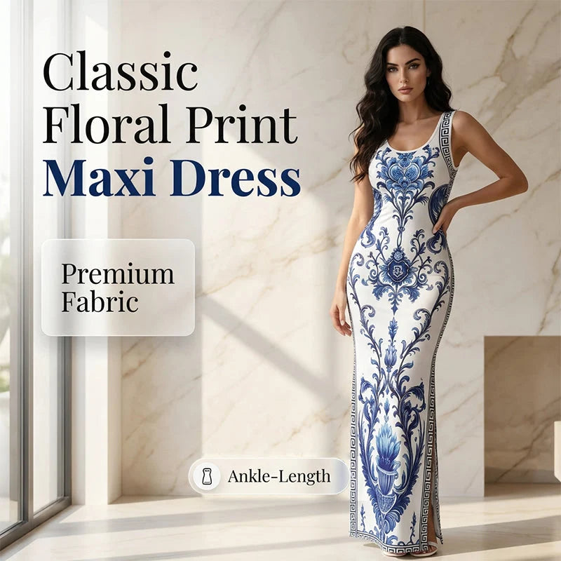 AureliaBloom – Porcelain Floral Side-Slit Maxi Dress