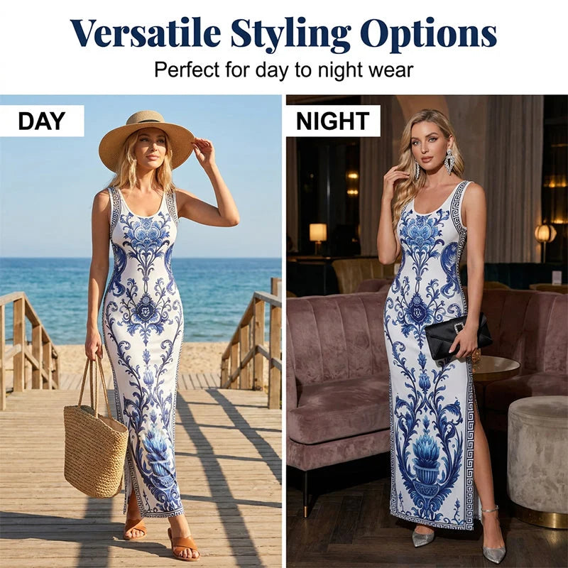 AureliaBloom – Porcelain Floral Side-Slit Maxi Dress