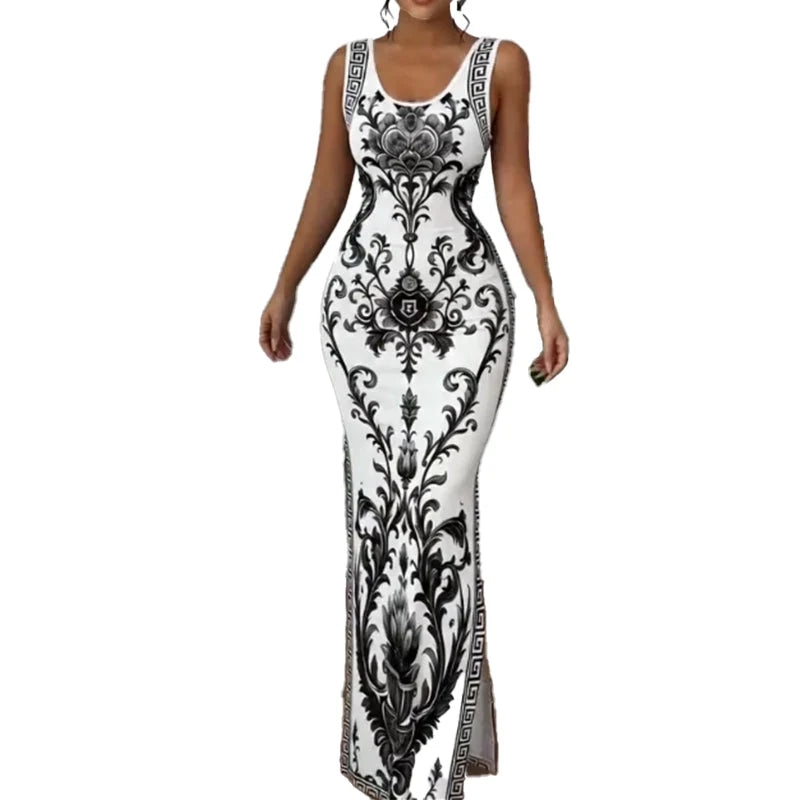 AureliaBloom – Porcelain Floral Side-Slit Maxi Dress
