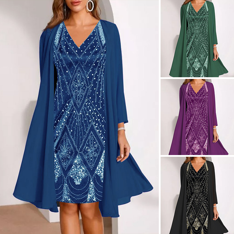GraceLuxe – Elegant V-Neck Dress & Sheer Jacket Set