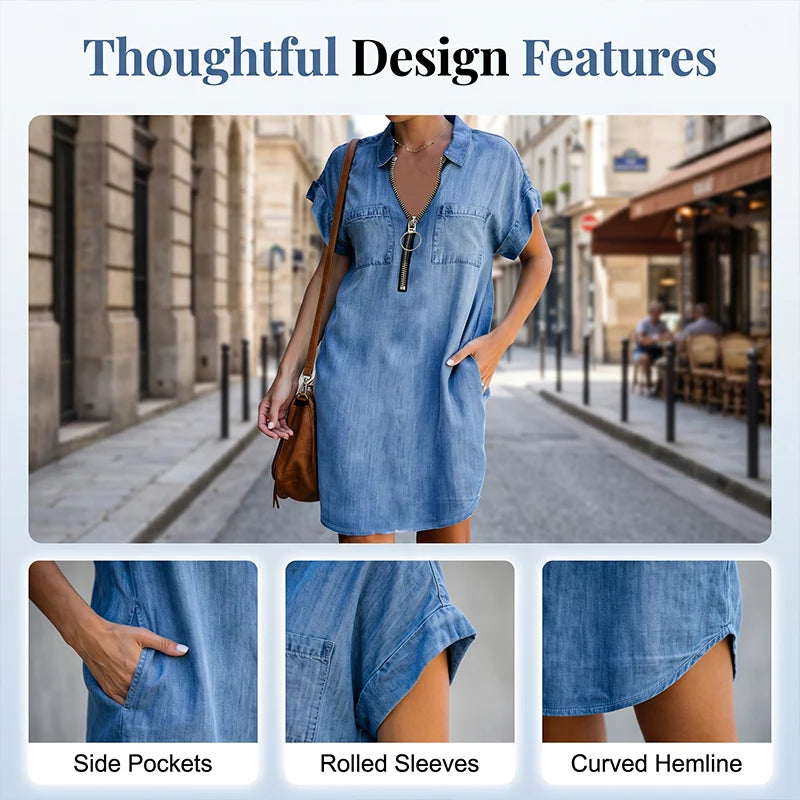 DenimFlow – Relaxed Short-Sleeve Shirt Dress